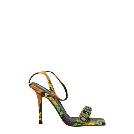 The Attico Multicolor Leather Stiletto Heel Sandals with buckle closure and vintage style, featuring snake print and open toe design.