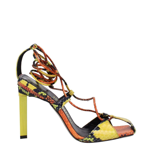 The Attico Orange Leather Stiletto Heel Sandals, vintage style with snake print, high heel, self tie closures, open toe, 11 cm heel