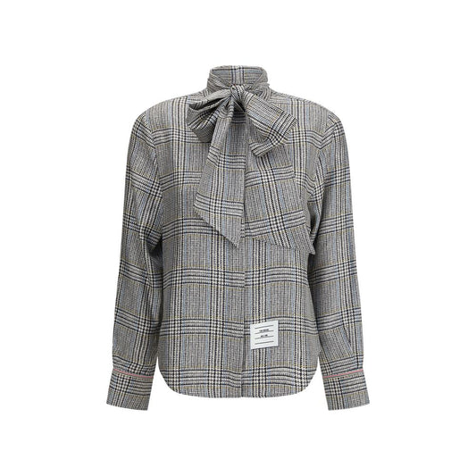 Thom Browne Beige Silk Dress Shirt with heritage Hunting tweed design, elegant bow collar, and modern fit.