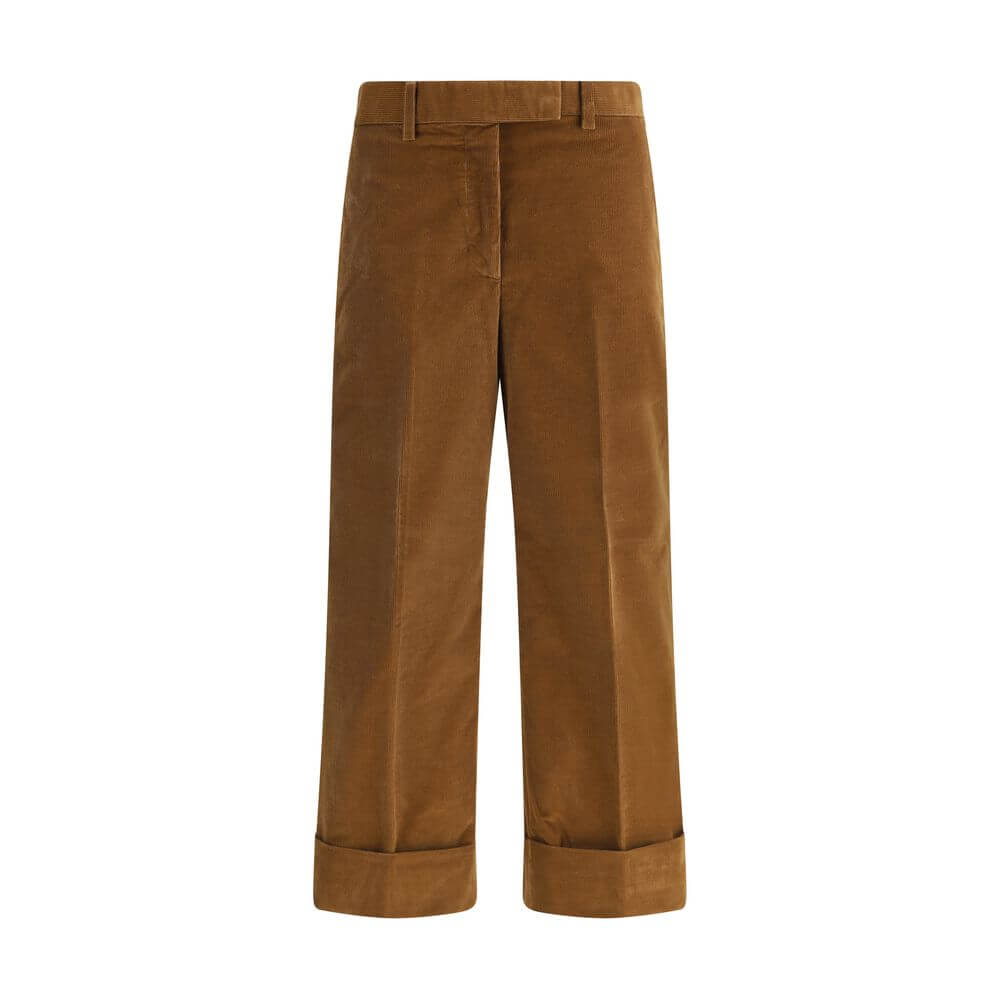 Thom Browne Brown Cotton Casual Pants with corduroy texture, tricolor applique, and welt pockets, featuring straight leg design