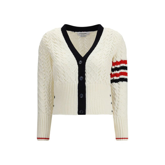 Thom Browne White Fleece Wool Cardigan with V-neck and signature stripes, featuring textured weave and ribbed trims.