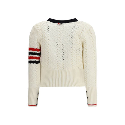 Back view of Thom Browne White Fleece Wool Cardigan with textured weave and signature stripe accents.