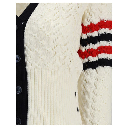 Close-up of Thom Browne White Fleece Wool Cardigan with signature stripes and textured knit design.