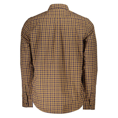 Back view of Timberland Yellow Cotton Shirt, long sleeve tartan design with Italian collar, regular fit, and embroidered logo.
