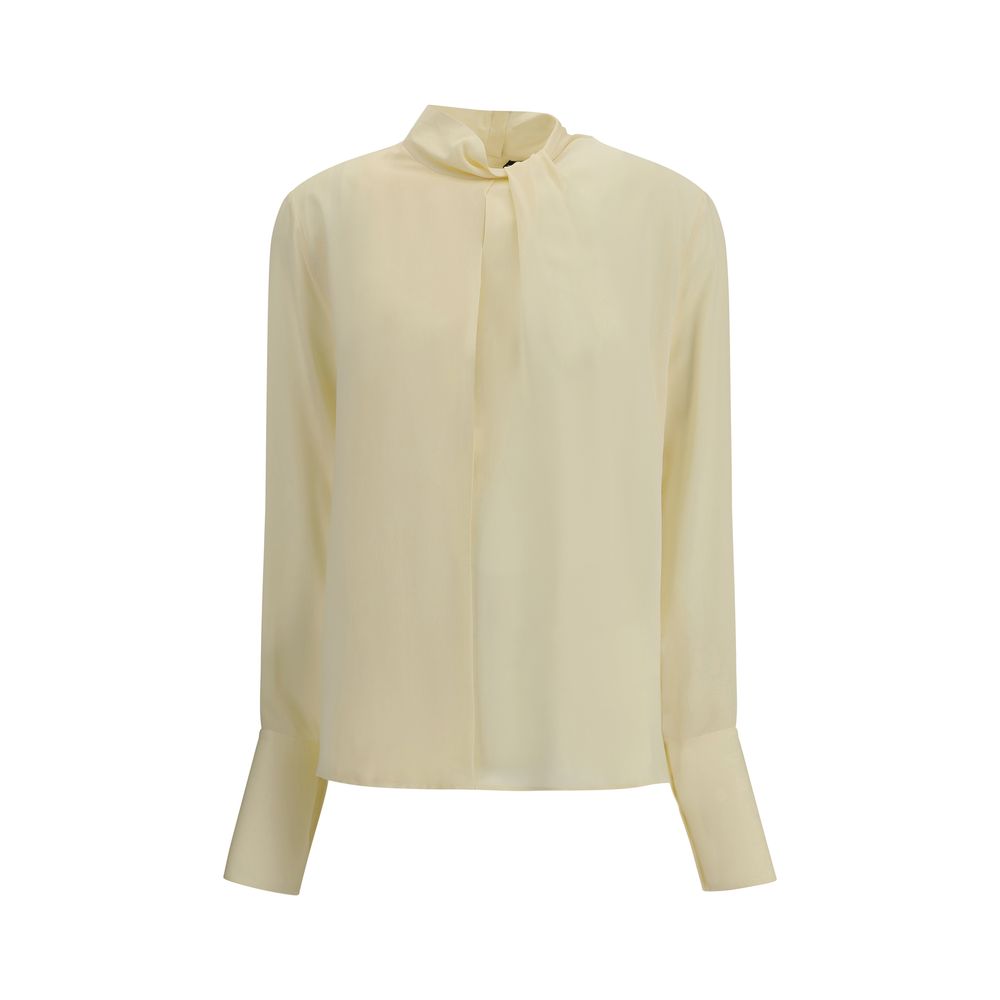 Tom Ford Cream Silk Blouse with high neck and cut-out details, elegant and sophisticated piece for special occasions.