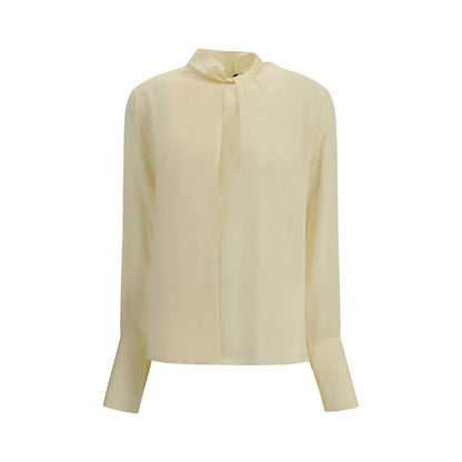 Tom Ford Cream Silk Blouse with high neck and cut-out details, elegant and sophisticated piece for special occasions.
