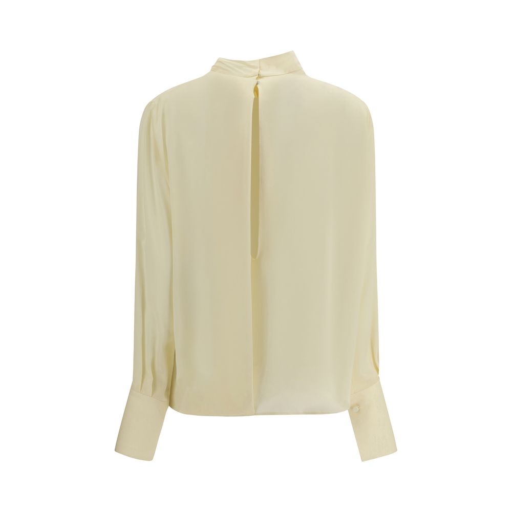 Back view of Tom Ford Cream Silk Blouse with high neck and cut-out detail, showing sophisticated design with snap button closure.