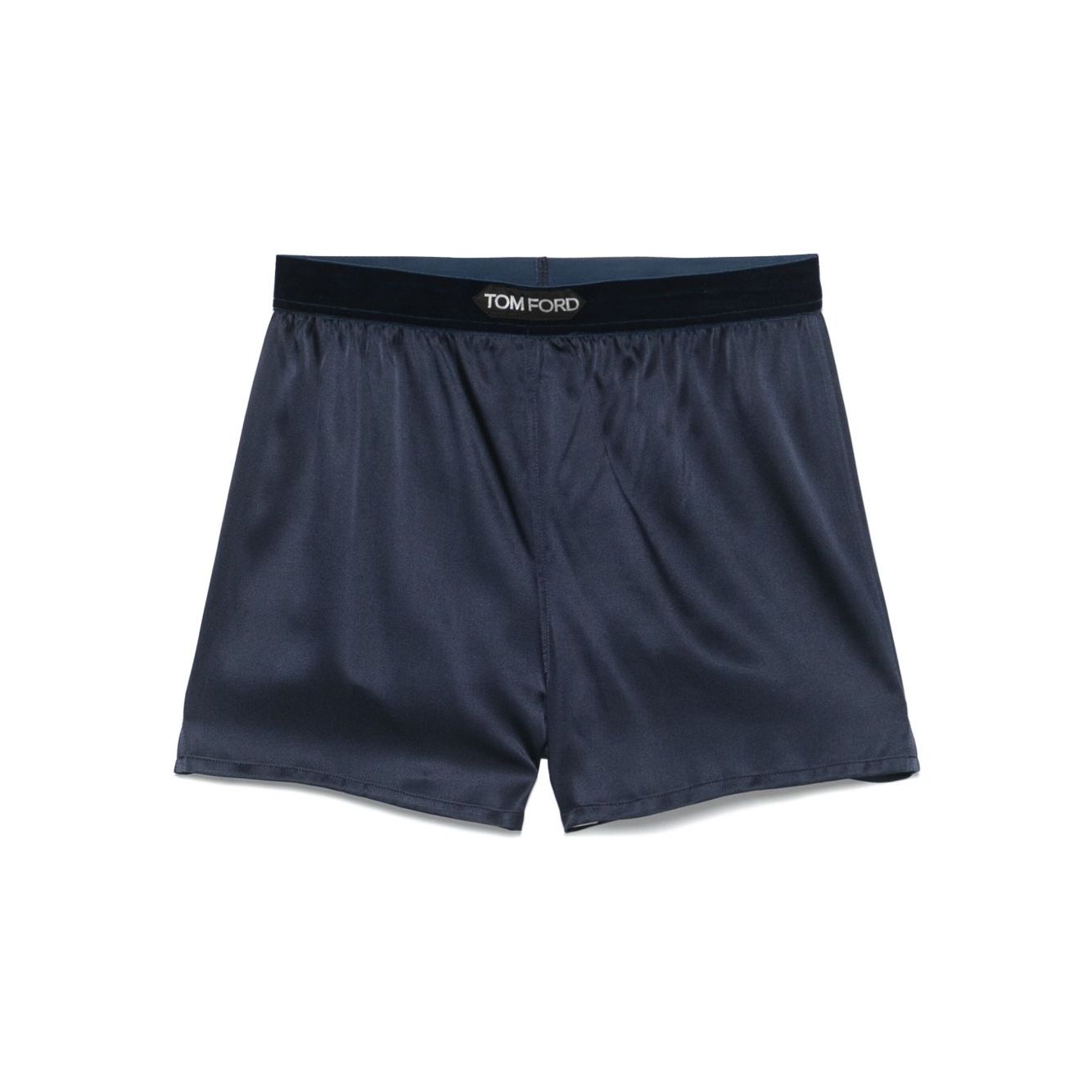 Tom Ford Shorts Blue with navy blue silk, elasticated waistband, and logo detail.