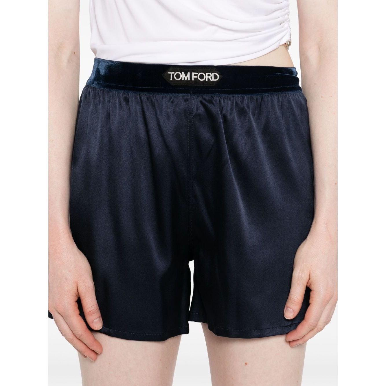Navy blue Tom Ford Shorts Blue with elasticated logo waistband, silk material, modeled in size S.
