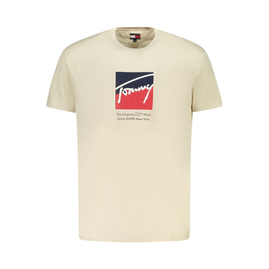 Tommy Hilfiger Beige Cotton Men T-Shirt with logo, short sleeves, sustainable fabric, classic crew neck, elegant beige color.