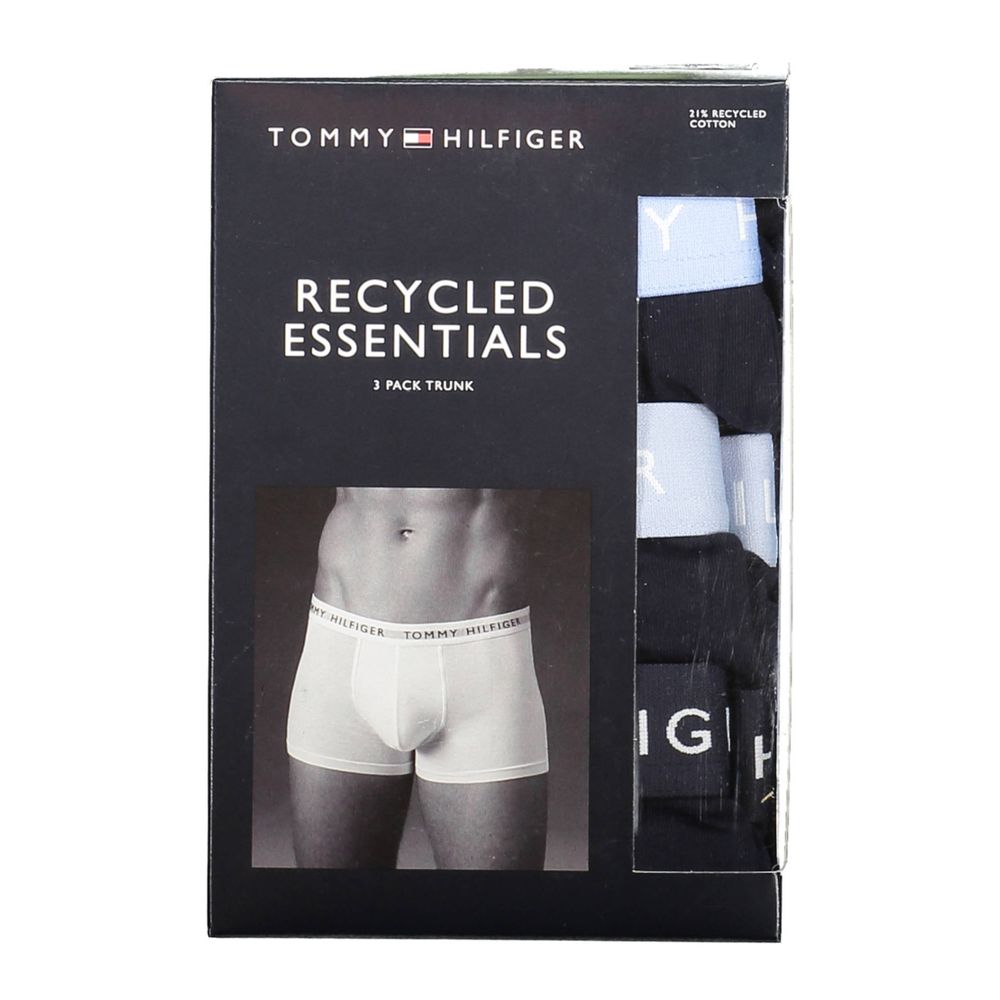 Tommy Hilfiger Black Cotton Men Boxer Trio Pack with logo waistband and recycled cotton, three-boxer set in packaging.