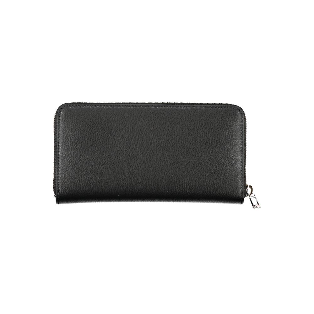 Tommy Hilfiger Black Polyester Wallet with zip closure, 5 compartments, coin purse, double card spaces, and logo made from recycled materials.