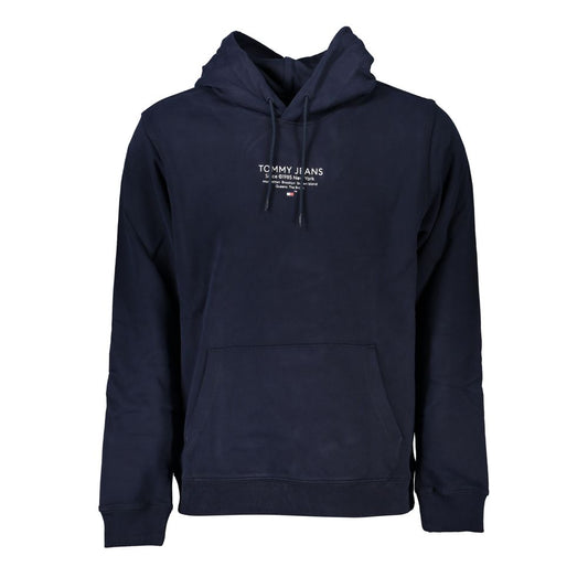 Tommy Hilfiger Blue Cotton Men Sweater with Hood featuring logo and front pocket, perfect for casual style.