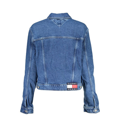 Tommy Hilfiger Blue Cotton Women Jacket with iconic design featuring embroidery and denim wash, view of back with label detail.