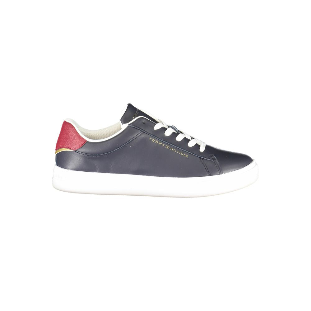 Tommy Hilfiger Blue Leather Women Sneaker with contrasting details and logo, featuring comfort footbed for style and durability.