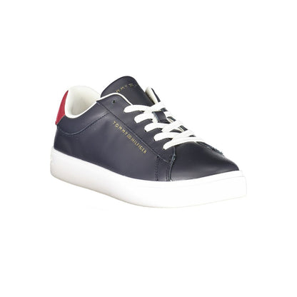 Tommy Hilfiger Blue Leather Women Sneaker with contrasting details and Tommy logo, offering durability and style with removable footbed.