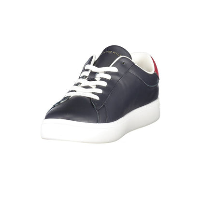Alt Tag: Tommy Hilfiger Blue Leather Women Sneaker with contrasting details and removable footbed for comfort and style.