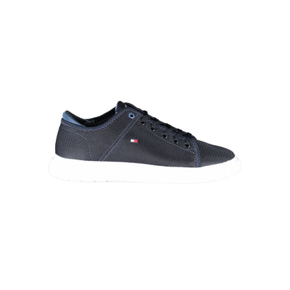 Tommy Hilfiger Blue Recycled Polyester Men Sneaker, side view with lace-up design and sustainable materials