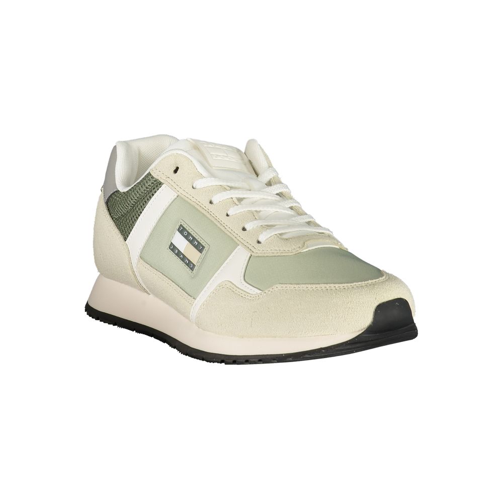 Tommy Hilfiger Green Polyester Men Sneaker with contrasting details and iconic logo, designed for comfort and style.