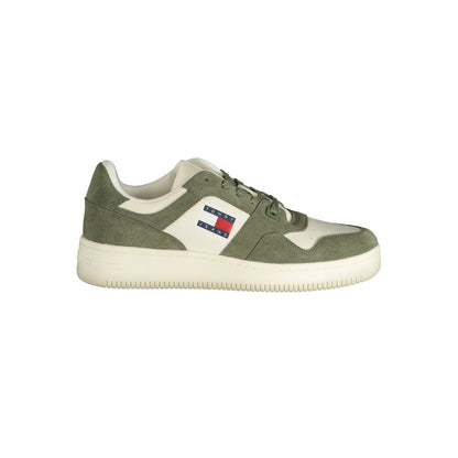 Tommy Hilfiger Green Polyester Sneaker with logo, sports footwear, featuring lace-up design and contrast details.