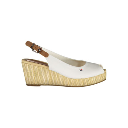 Tommy Hilfiger White Cotton Sandal with ankle buckle lacing and 7 cm heel, featuring contrast details and logo on sole.