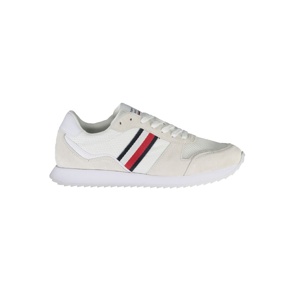 Tommy Hilfiger White Polyester Men Sneaker with recycled polyester and leather accents, eco-friendly design with iconic logo.