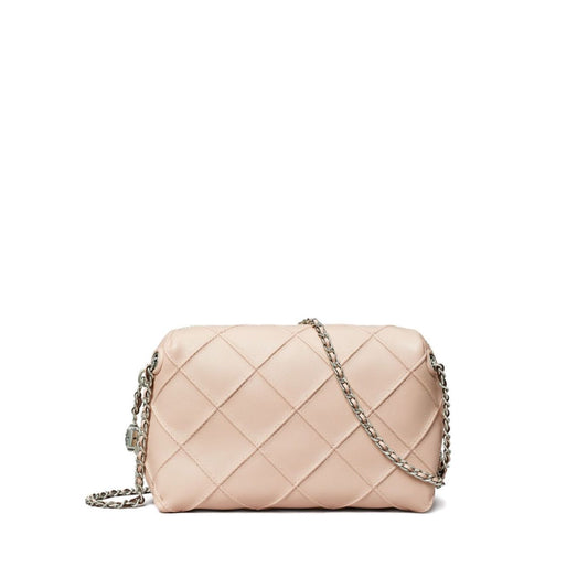 Tory Burch Fleming leather crossbody bag, light pink diamond quilted, adjustable chain strap, tonal stitching, zip closure.