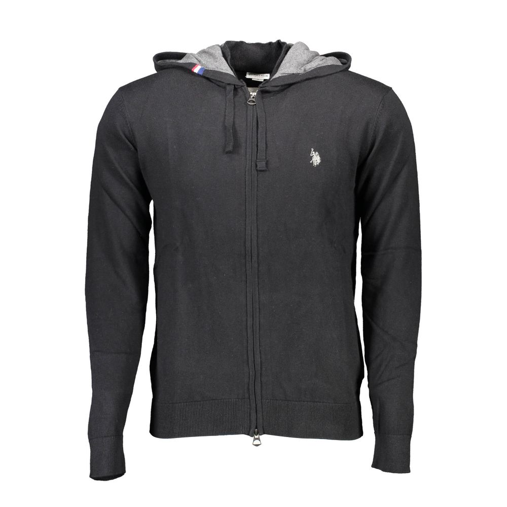 U.S. POLO ASSN. Black Cotton Mens Cardigan with hood and zip closure, featuring iconic logo embroidery, perfect for stylish layering.