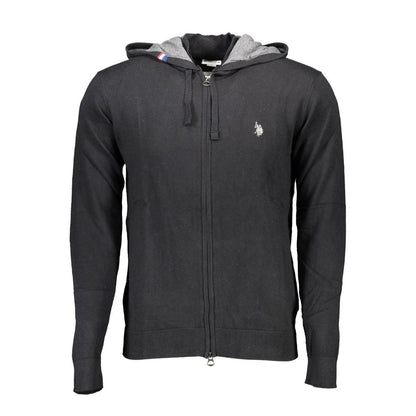 U.S. POLO ASSN. Black Cotton Mens Cardigan with hood and zip closure, featuring iconic logo embroidery, perfect for stylish layering.