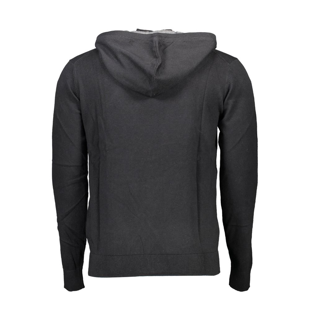 Back view of U.S. POLO ASSN. Black Cotton Mens Cardigan showcasing hood and long sleeves in sleek design.