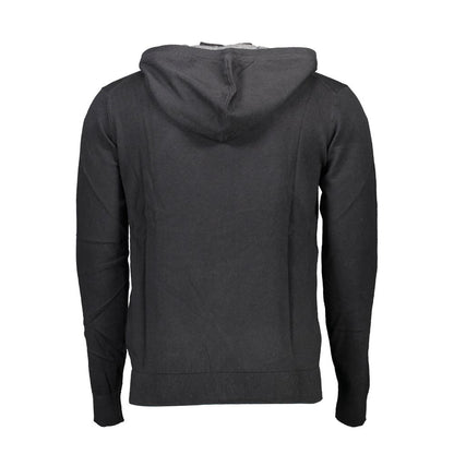Back view of U.S. POLO ASSN. Black Cotton Mens Cardigan showcasing hood and long sleeves in sleek design.