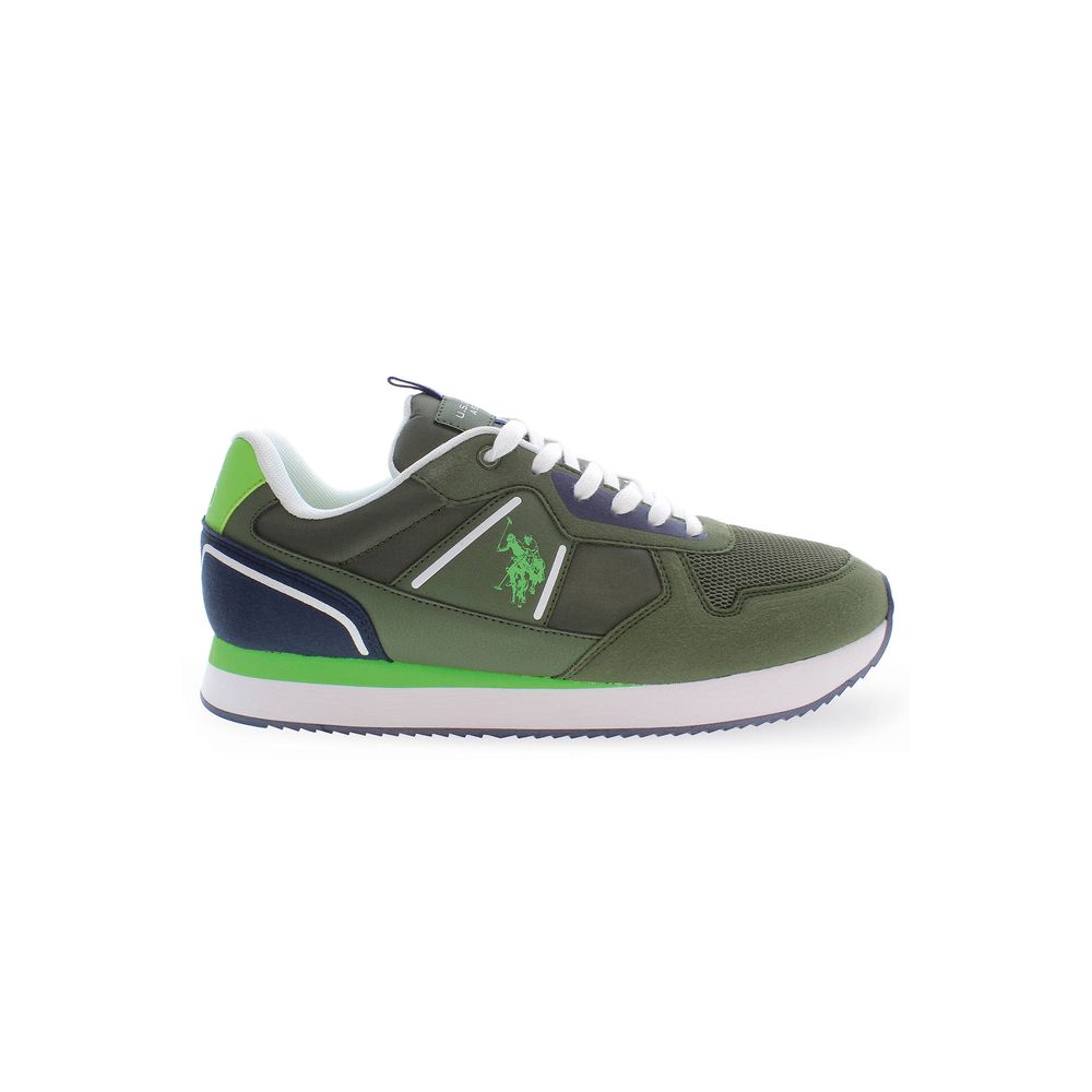 U.S. POLO ASSN. Green Polyester Men Sneaker with bold contrasting details and iconic logo, side view showcasing sporty elegance.