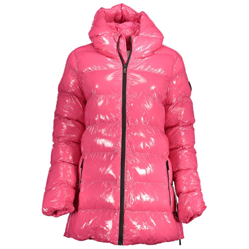 U.S. POLO ASSN. Pink Polyester Women Jacket with hood and zippered side slits, showcasing style and brand logo.