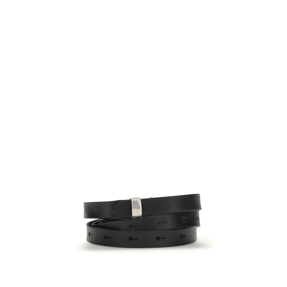 Undercover Black Leather Thin Belt with silver mini buckle, adjustable fit, minimalist design, 100% leather, AW25 season collection.