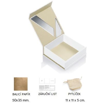 Open white and beige jewelry packaging box with protective wrap and small pouch.
