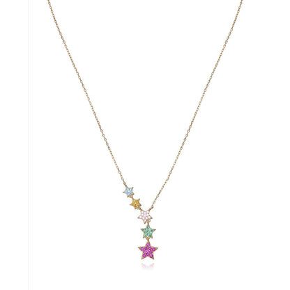 Colorful star necklace with gold chain featuring multiple star pendants in different colors. Jewelry design with chic and elegant style.