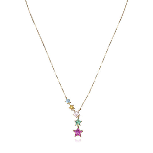 Colorful star necklace with gold chain featuring multiple star pendants in different colors. Jewelry design with chic and elegant style.