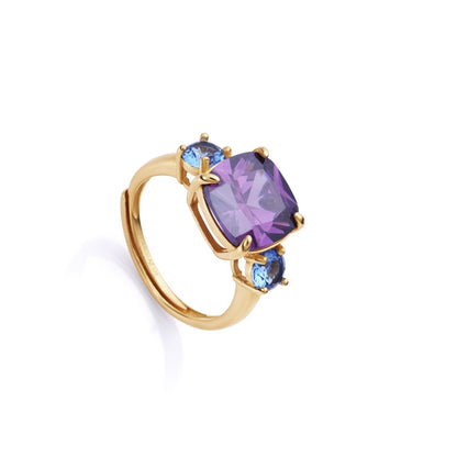 Elegant purple gemstone ring with gold band, perfect for sophisticated style.