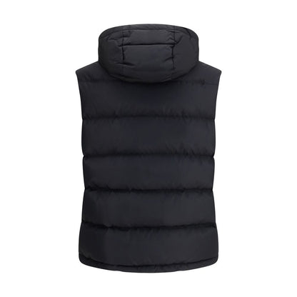 Back view of Valentino Black Goose Down Sleeveless Jacket with removable hood and quilted design.