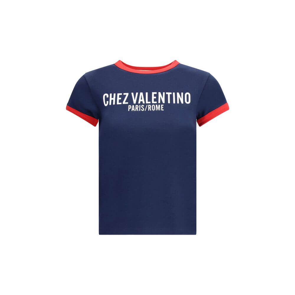 Valentino Blue Cotton T-Shirt with contrasting crew neck and logo, made in Italy, ideal for a contemporary casual look, AW25 collection.