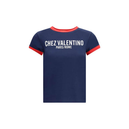 Valentino Blue Cotton T-Shirt with contrasting crew neck and logo, made in Italy, ideal for a contemporary casual look, AW25 collection.