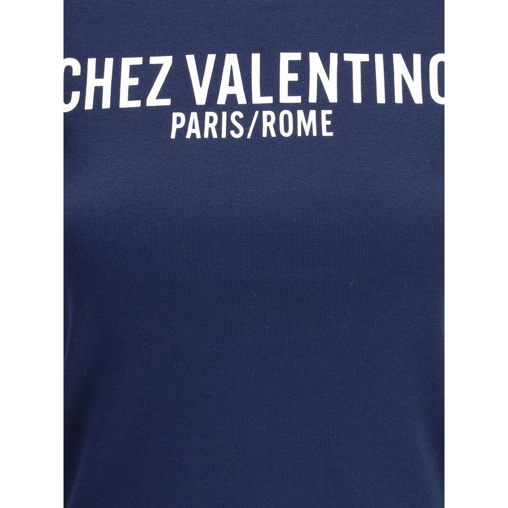 Valentino Blue Cotton T-Shirt with Chez Valentino logo, contrasting crew neck, slim fit, made of 100% cotton, AW25 season.