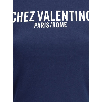 Valentino Blue Cotton T-Shirt with Chez Valentino logo, contrasting crew neck, slim fit, made of 100% cotton, AW25 season.