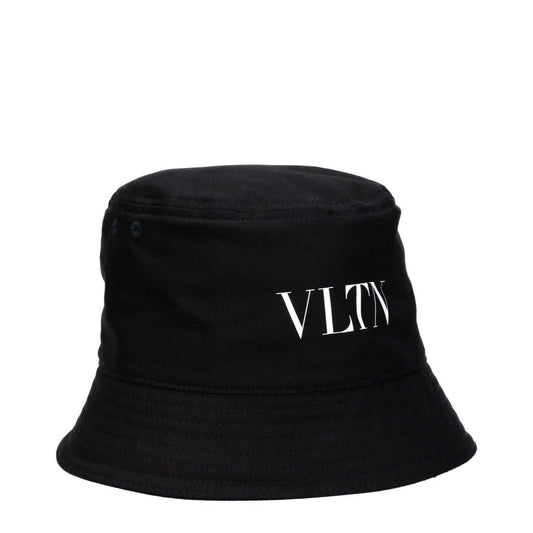 Valentino Garavani Black Cotton Bucket Hat with white front logo, casual style, made from 98% cotton and 2% elastane.