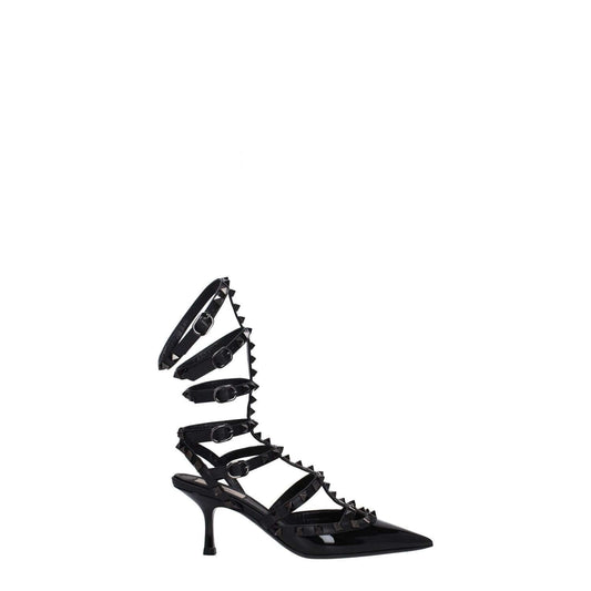 Valentino Garavani Black Leather Stiletto Heel Sandals with studs and buckle closure