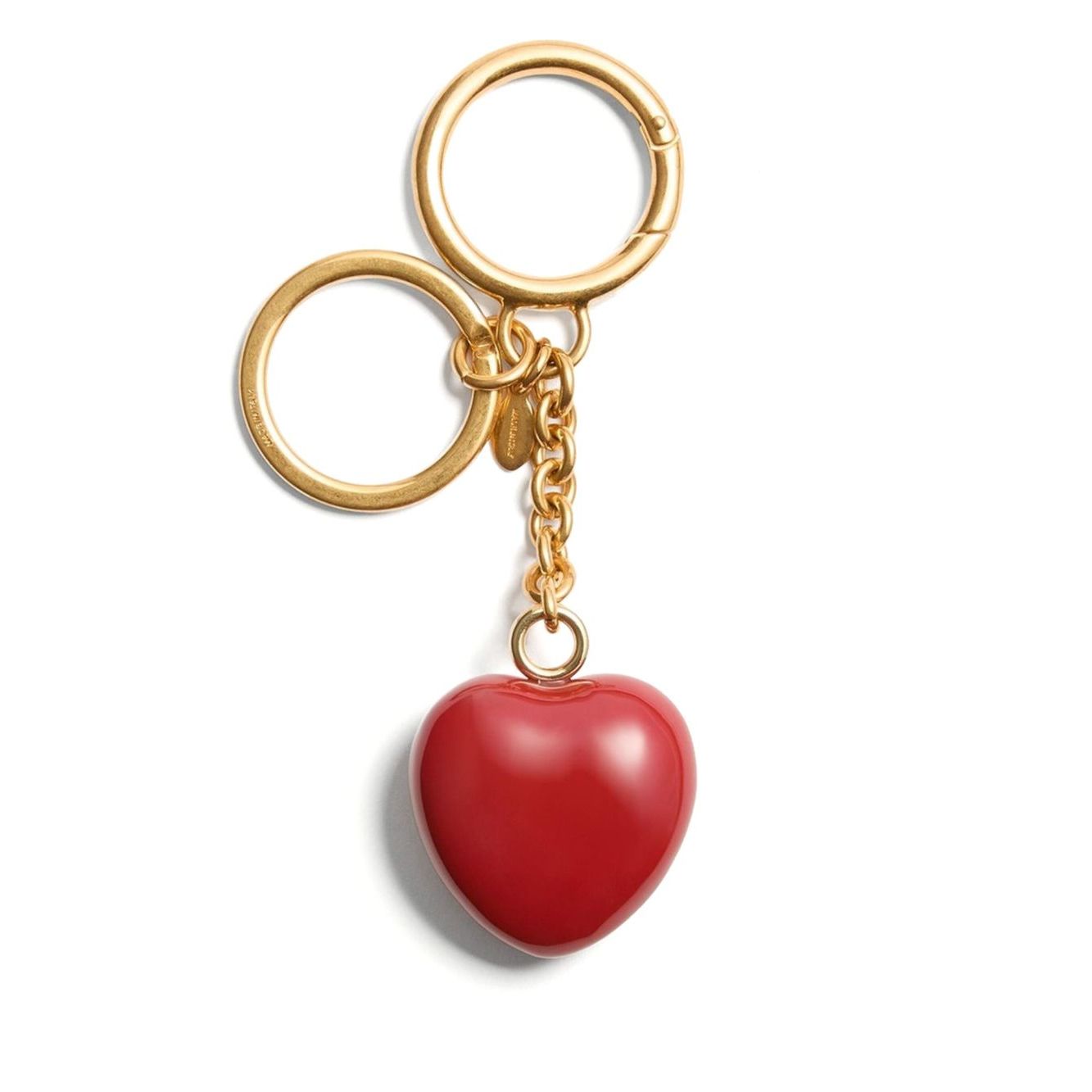 Valentino Garavani Coeur Royal key ring featuring a red heart charm with polished finish, gold keyring attachment. Size: 13 cm length, 3.5 cm width.