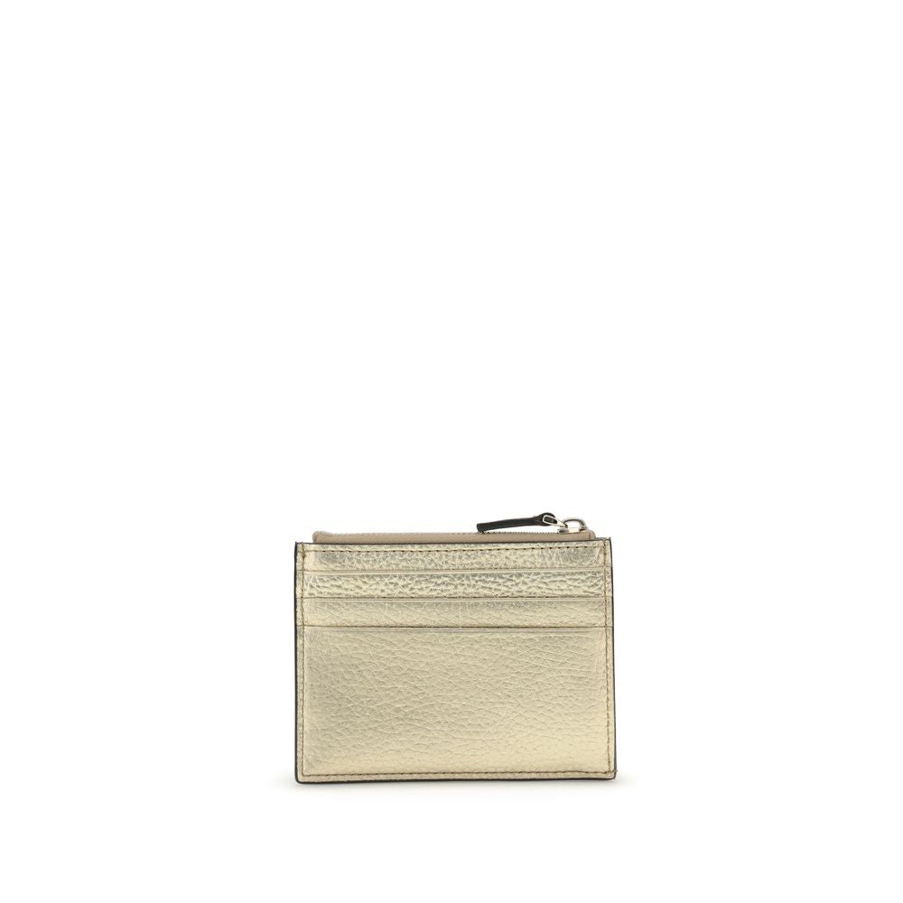 Valentino Garavani Gold Calf Leather Bos Taurus Wallet with Rockstuds, featuring zippered pocket and card slots, AW25 collection.