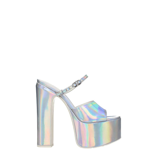 Valentino Garavani Gray Leather Platform Sandals with metallic effect and high heel, featuring buckle closure and side detail.