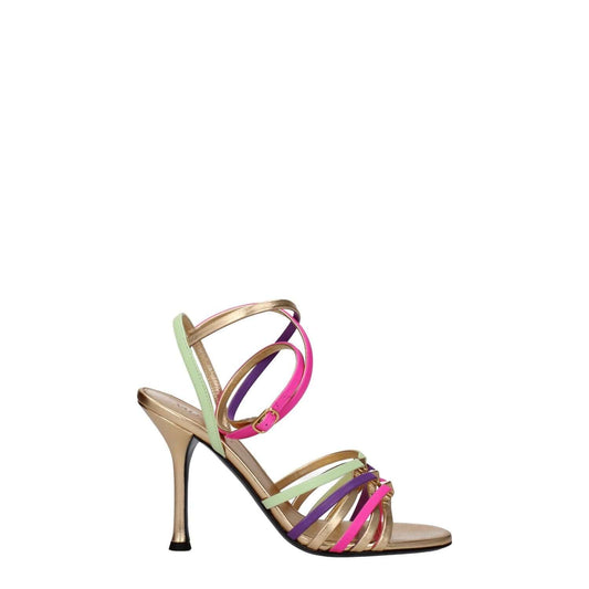 Valentino Garavani Multicolor Leather Stiletto Heel Sandals with studs, gold accents, buckle closure, open toe, 10 cm high heel.