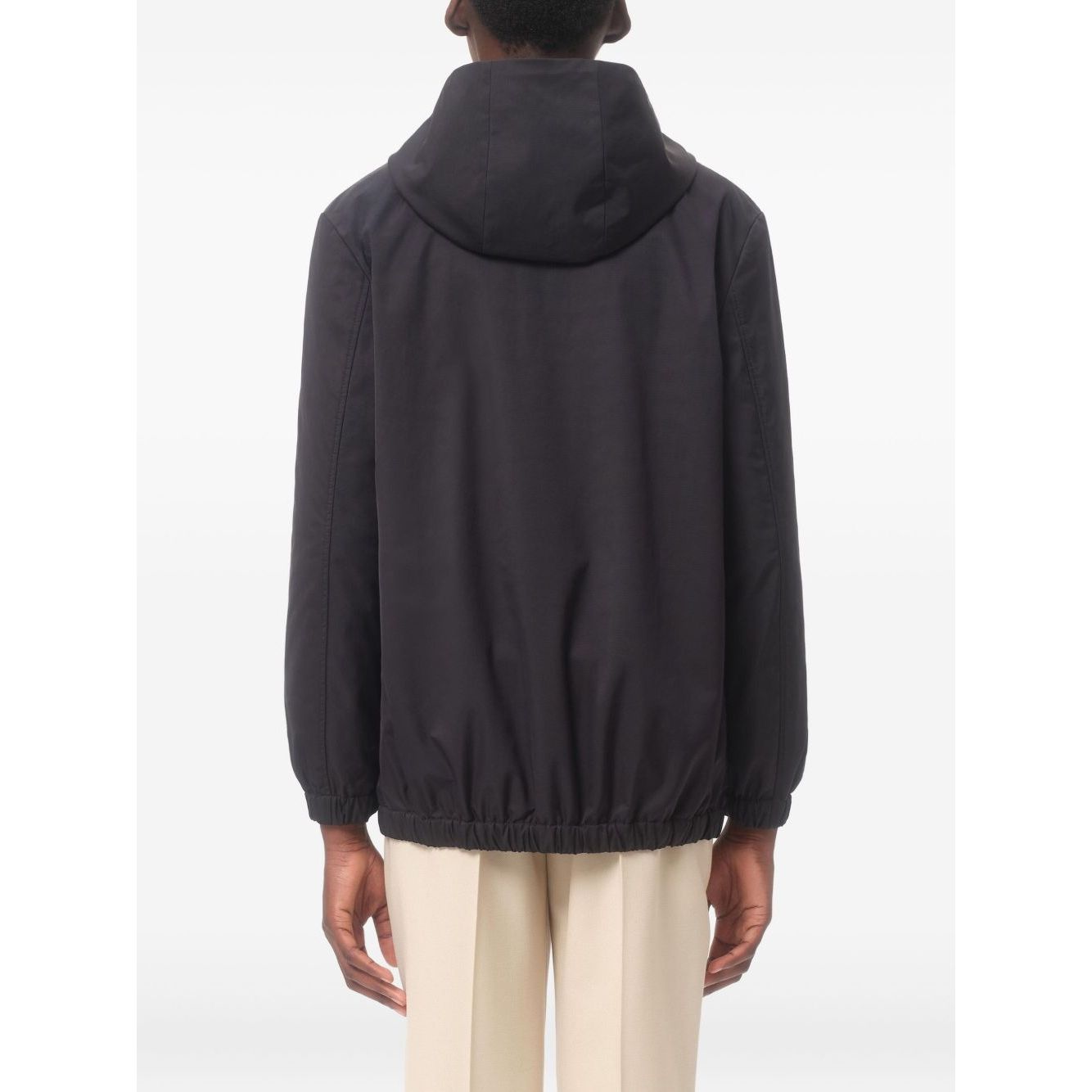 Back view of Valentino Nylon Hooded Jacket with VLogo Patch in navy blue, showcasing the classic hood and relaxed fit fashion.